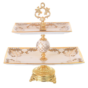 Caroline - Imperial Rectangular Stand 2 Tiers with Gold Plated Base - Beige & Gold - 43cm