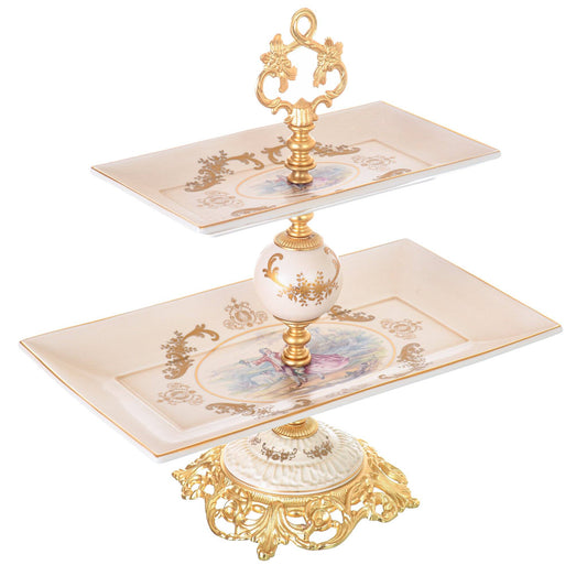 Caroline - Rectangular Stand 2 Tiers with Base - Romeo & Juliet - Beige & Gold - 43cm