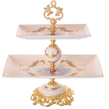 Caroline - Rectangular Stand 2 Tiers with Base - Romeo & Juliet - Beige & Gold - 43cm