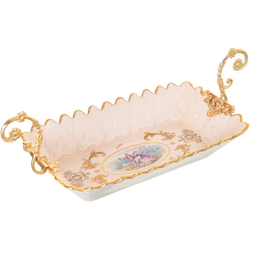 Caroline - Rectangular Plate with Gold Plated Handles - Romeo & Juliet - Beige & Gold - 39x18cm
