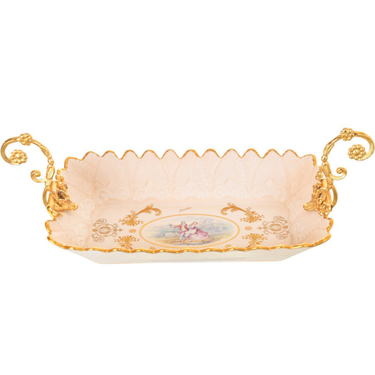 Caroline - Rectangular Plate with Gold Plated Handles - Romeo & Juliet - Beige & Gold - 39x18cm