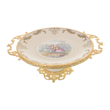 Caroline - Round Plate with Base & Gold Plated Handles - Romeo & Juliet - Beige & Gold - 40x50cm
