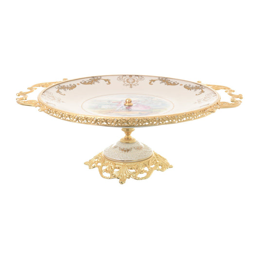 Caroline - Round Plate with Base & Gold Plated Handles - Romeo & Juliet - Beige & Gold - 40x50cm