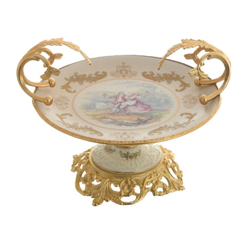 Caroline - Round Plate with Base - Romeo & Juliet - Beige & Gold - 25cm