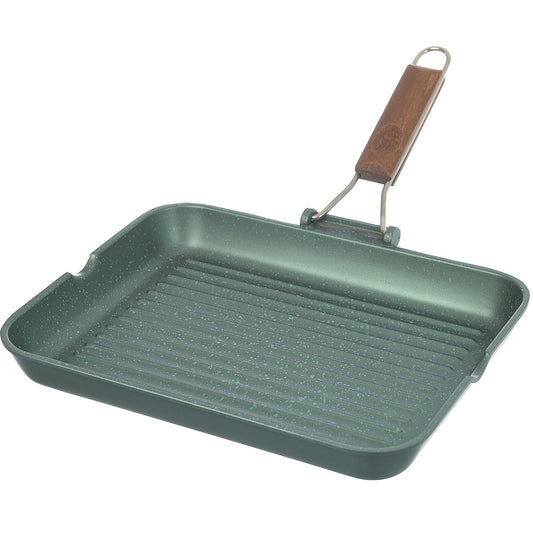 Risoli - Dr. Green Rectangular Grill with Wooden Folding Handle - Green - Die Cast Aluminum - 33x26cm