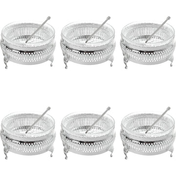 Queen Anne - Bowl Set with Dessert Spoons 6 Pieces - Silver Plated Metal with Glass