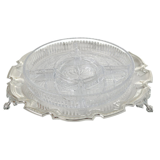 Queen Anne - Round Hors d'oeuvre 5 Parts with Silver Plated Cover & Stand - Silver Plated Metal & Glass - 25cm