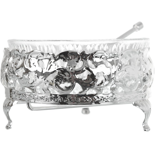 Queen Anne - Round Bowl Set with Dessert Spoons 6 Pieces - Silver Plated Metal & Glass