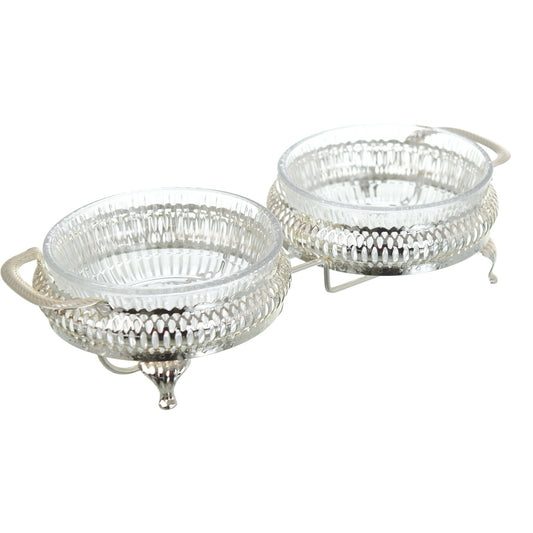 Queen Anne - Jam Bowl Set with Silver Plated Stand & Covers 2 Pieces - Silver Plated Metal & Glass - 26x12cm