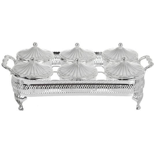 Queen Anne - Round Bowl Set with Silver Plated Stand 6 Pieces - Silver Plated Metal & Glass - 37.5x20.5cm