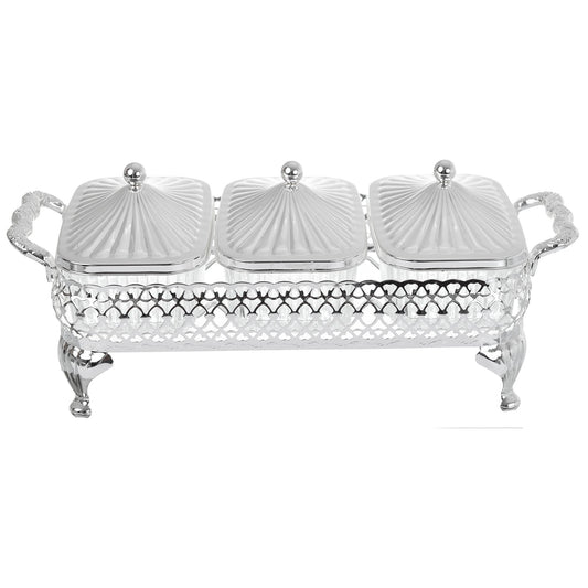 Queen Anne - Rectangular Bowl Set with Silver Plated Stand 3 Pieces - Silver Plated Metal & Glass - 30x13.5cm