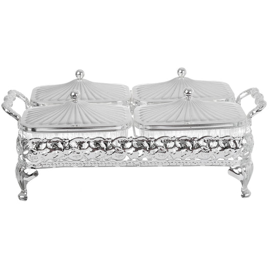 Queen Anne - Rectangular Bowl Set with Silver Plated Stand 4 Pieces - Silver Plated Metal & Glass - 31x18cm