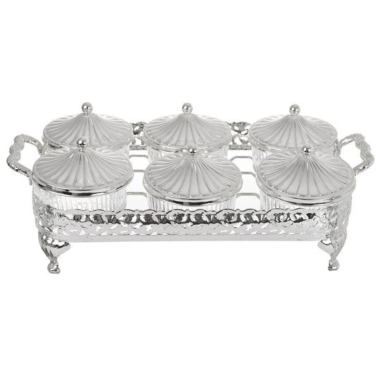 Queen Anne - Round Bowl Set with Silver Plated Stand 6 Pieces - Silver Plated Metal & Glass - 37.5x20.5cm
