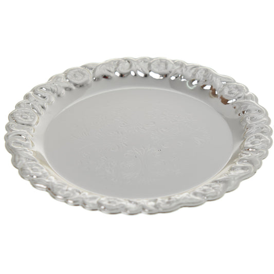 Queen Anne - Round Floral Edged Coaster with Stand 6 Pieces - Silver Plated Metal - 9.4cm