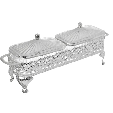 Queen Anne - Rectangular Bowl Set with Silver Plated Stand 2 Pieces - Silver Plated Metal & Glass - 29x9cm