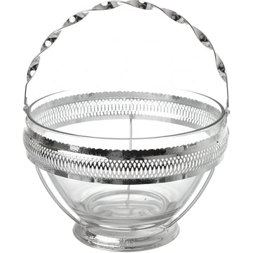 Queen Anne - Large Glass Fruit Bowl with Silver Plated Frame & Wavy Handle - Silver Plated Metal & Glass - 24.5x16.5cm