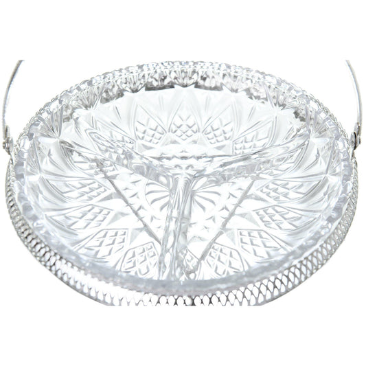 Queen Anne - Round Hors d'oeuvre 3 Parts with Swing Handle - Silver Plated Metal & Glass - 23cm