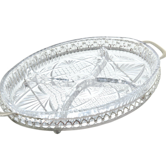 Queen Anne - Oval Hors d'oeuvre 4 Parts with 2 Serving Forks - Silver Plated Metal & Glass - 31x20cm