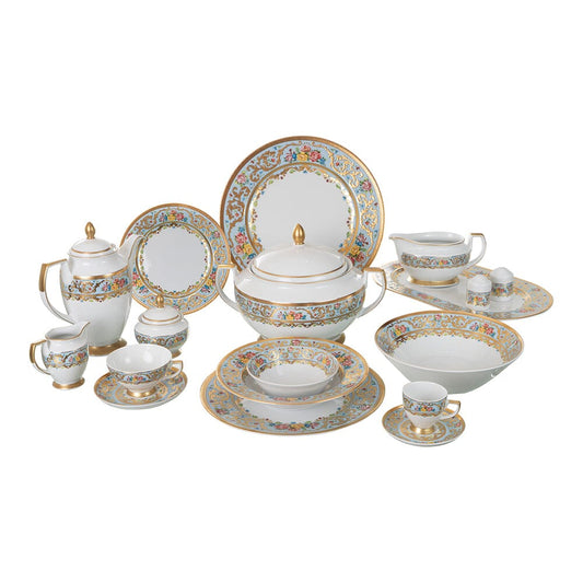 Falkenporzellan - Dinner Set 112 Pieces - Porcelain - Light Blue, Flowers & Gold
