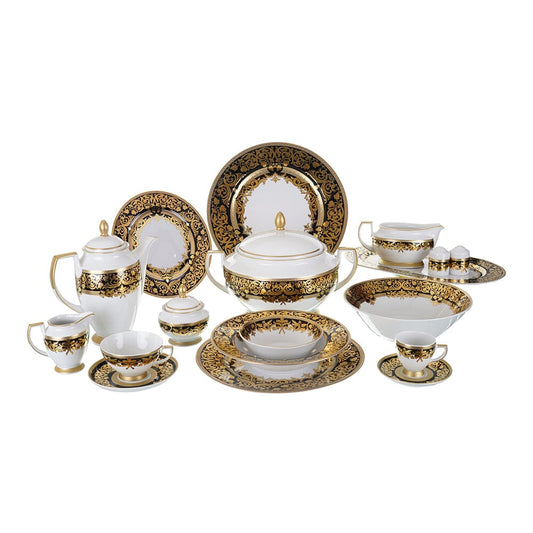Falkenporzellan - Dinner Set  112 Pieces - Porcelain - Black & Gold