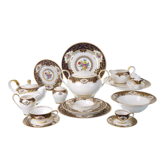 Falkenporzellan - Dinner Set 112 Pieces - Bone China -  Dark Blue & Gold with Flowers