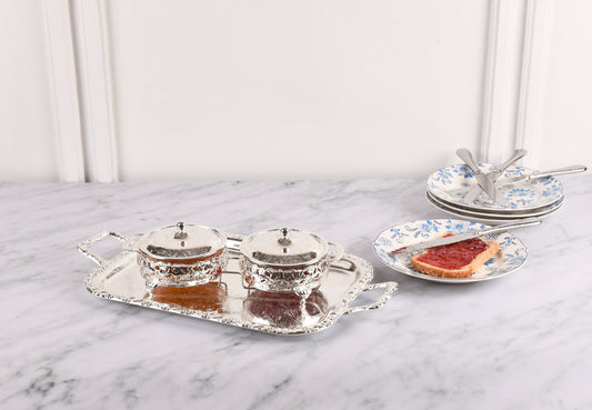Queen Anne - Jam Bowl Set with Silver Plated Stand & Covers 2 Pieces - Silver Plated Metal & Glass - 26x12cm