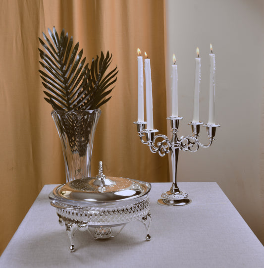 Queen Anne - Round Food Warmer with 1 Candle - Silver Plated Metal & Tempered Glass - 29.5 x23.5x19.5cm