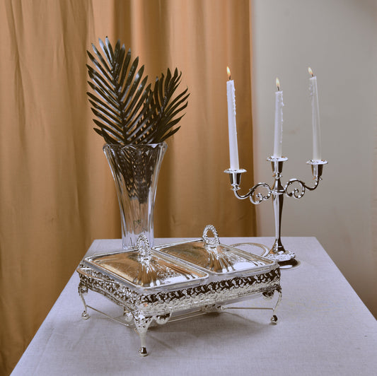 Queen Anne - 2 Rectangular Food Warmers With 2 Candles - Silver Plated & Tempered Glass - 41x28x19cm