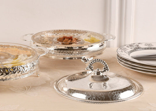 Queen Anne - Round Hors d'oeuvre 5 Parts with Silver Plated Cover - Silver Plated Metal & Glass - 25cm