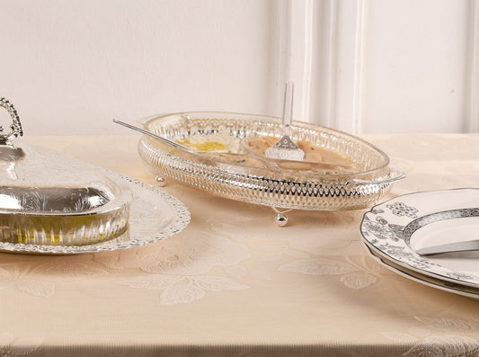 Queen Anne - Oval Hors d'oeuvre 4 Parts with 2 Serving Forks - Silver Plated Metal & Glass - 31x20cm