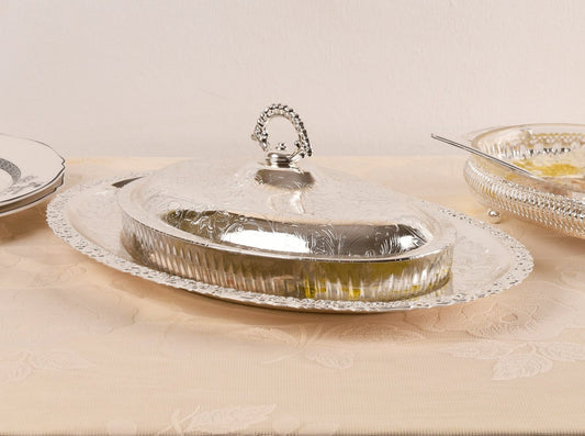 Queen Anne - Oval Hors d'oeuvre 4 Parts with Tray - Silver Plated Metal & Glass - 31x20cm