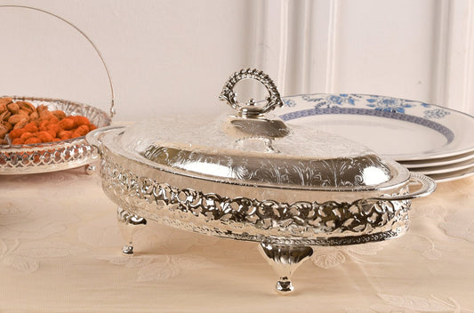 Queen Anne - Oval Hors d'oeuvre 4 Parts with Silver Plated Cover - Silver Plated Metal & Glass - 33x20cm