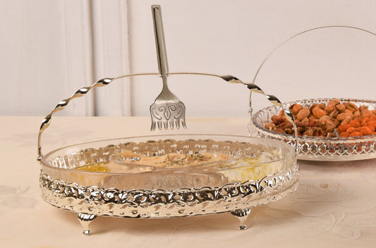 Queen Anne - Oval Hors d'oeuvre 4 Parts with Swing Handle & Fork - Silver Plated Metal & Glass - 29x20cm