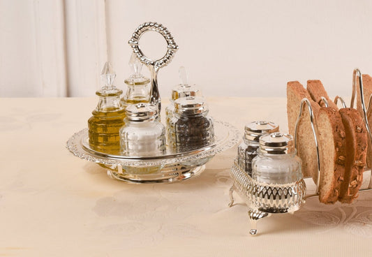 Queen Anne - Revolving Cruet Set 5 Pieces with Stand - Silver Plated Metal, Glass & Plastic
