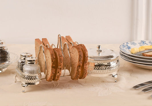 Queen Anne - Toast Rack with Butter Dish & Salt & Pepper Shakers - Silver Plated Metal with Glass