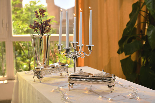 Queen Anne - Rectangular Bowl Set with Silver Plated Stand 2 Pieces - Silver Plated Metal & Glass - 29.5x9 cm