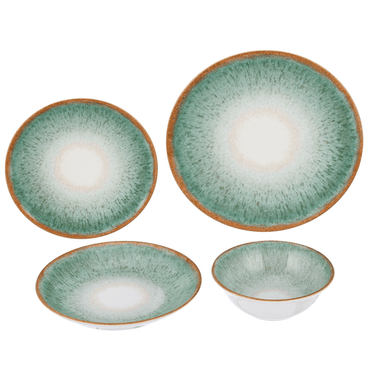 Potsalina - Daily Use Dinner Set 24 Pieces - Green & Brown - Porcelain