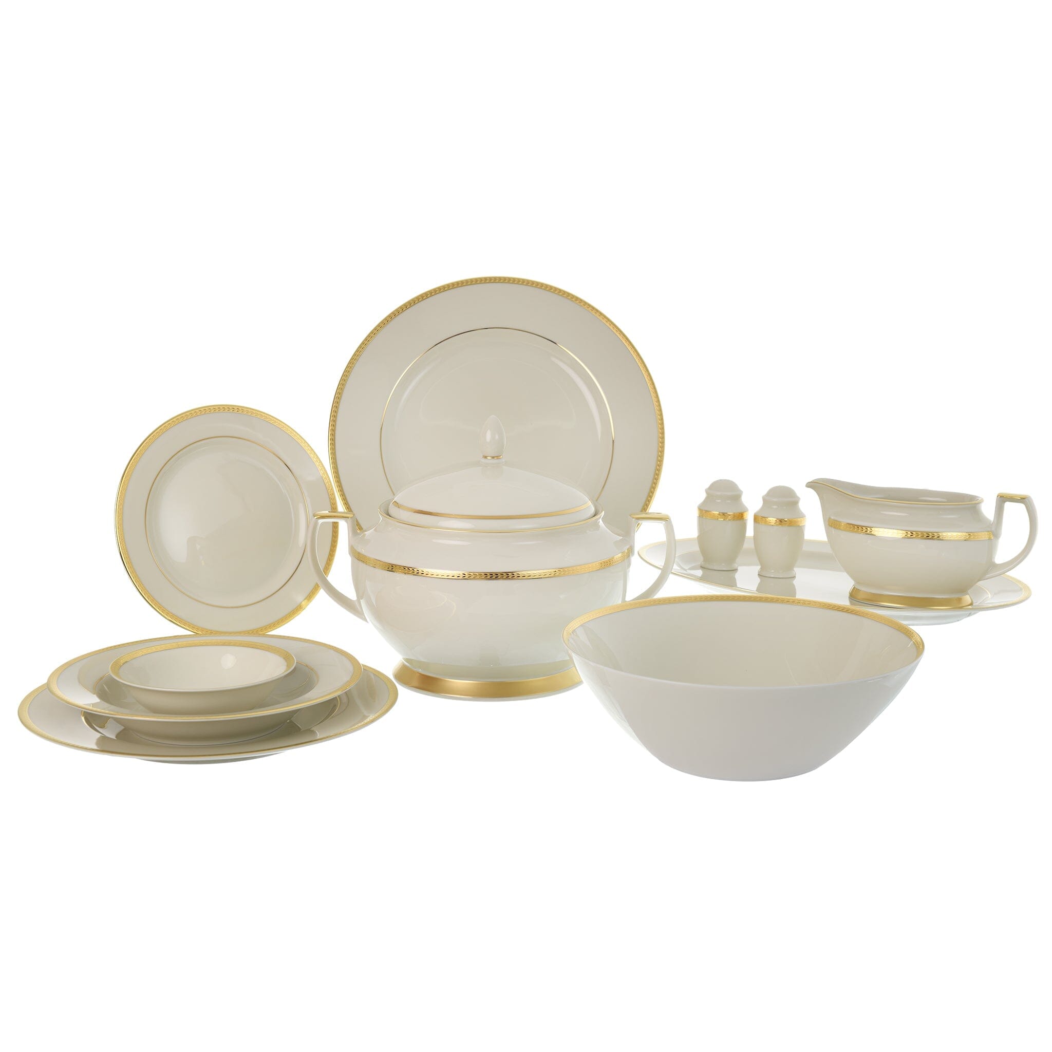 Falkenporzellan - Dinner Set 59 Pieces - Offwhite & Gold - Porcelain