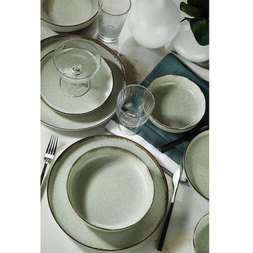 Kutahya -Daily-use Dinner Set 24 Pieces - Porcelain - Mint Green with Brown Rim