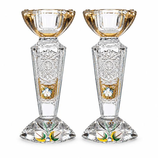 Bohemia Crystal - Oval Candle Holder Set 2 Pcs - 14 cm - Gold & Floral Design