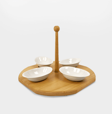Senzo - Wooden Holder & 4 Porcelain Oval Bowls - Wood & Porcelain