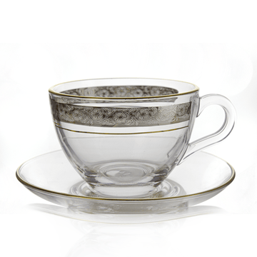 Pasabahce - Basic Teacup With Saucer 6 Pcs - Silver & Gold - 160 ml