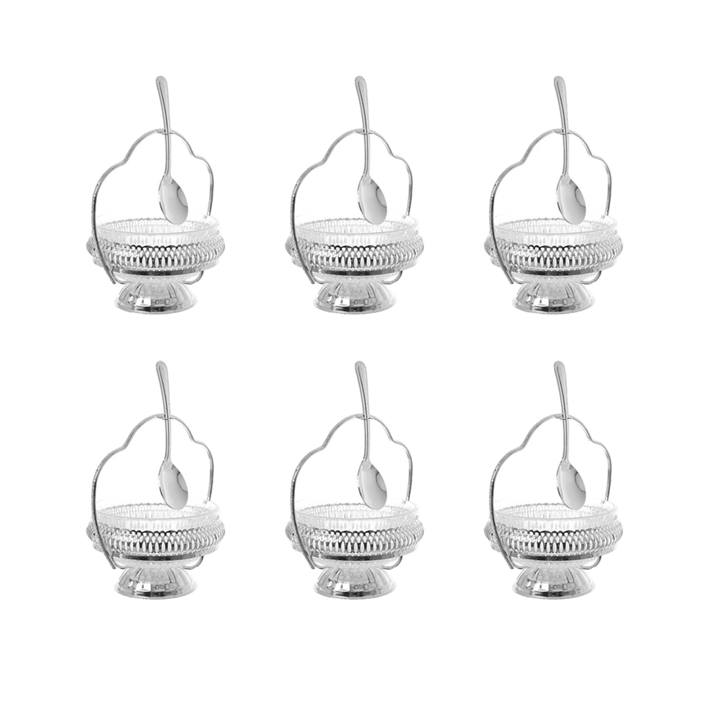 Queen Anne - Bowl Set with Dessert Spoons & Handle - 6 Pieces - Silver Plated Metal with Glass - 26000272