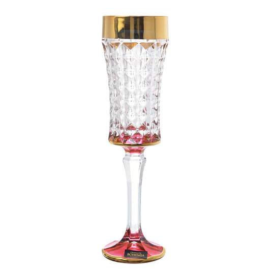 Bohemia Crystal - Flute Diamond Glass Set 6 Pieces - 120ml - Red & Gold - 2700010491