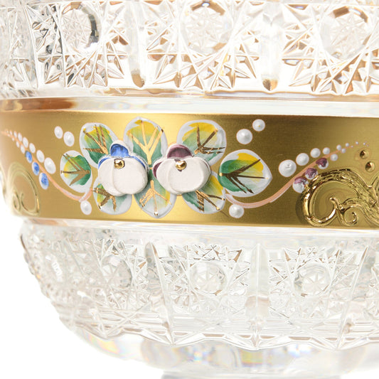 Bohemia Crystal - Round Bohemia Hand Cut Crystal Box With Base - Flowers & Gold  - 270004123