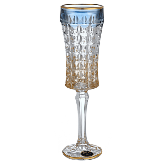 Bohemia Crystal - Flute Diamond Glass Set with Gold Rim 6 Pieces - Orange & Blue - 120ml - 270006757