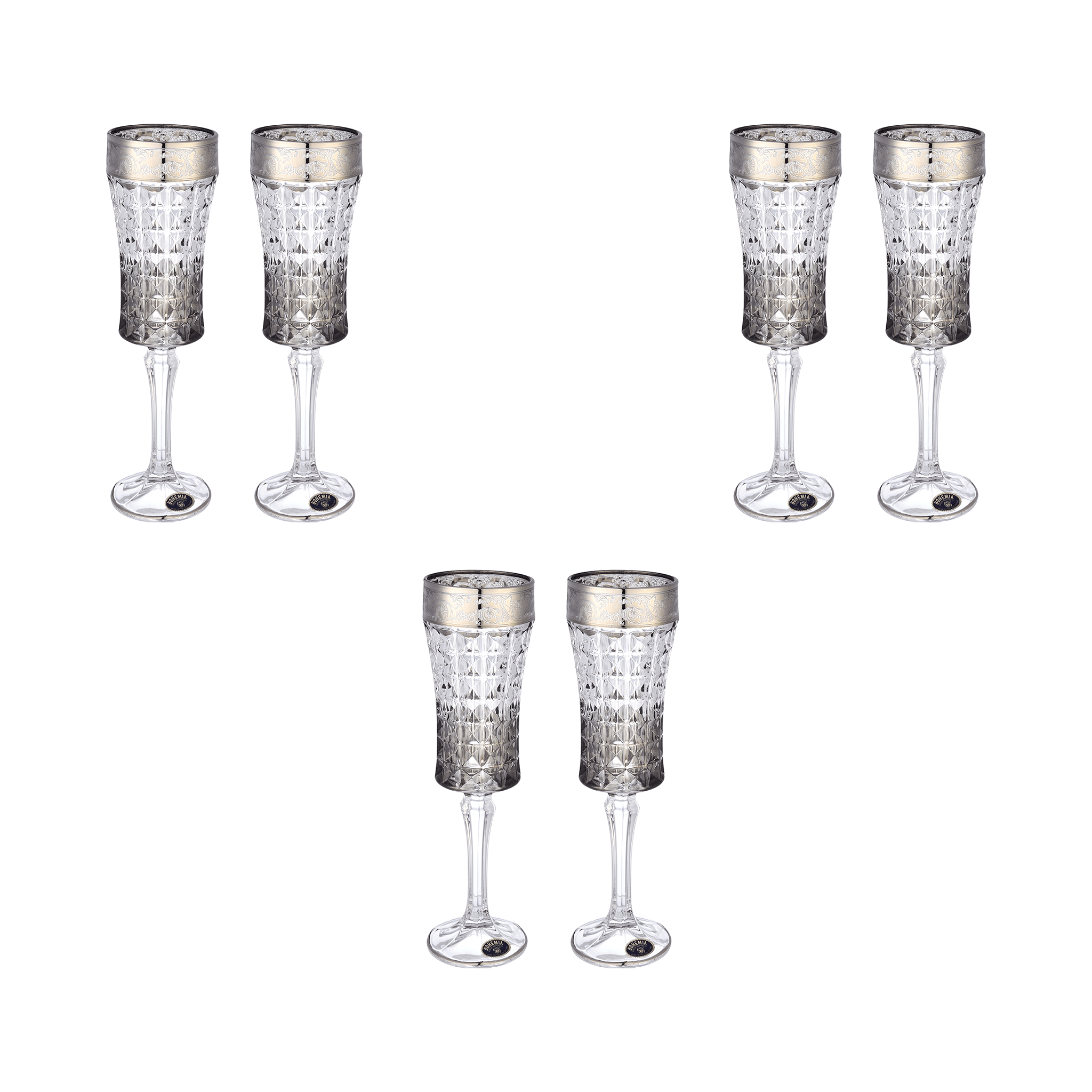 Bohemia Crystal - Diamond Flute Glass Set 6 Pieces  - Silver & Grey - 120ml