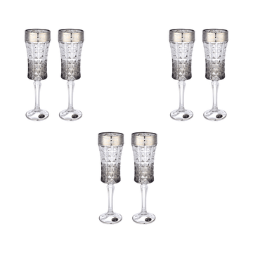 Bohemia Crystal - Diamond Flute Glass Set 6 Pieces  - Silver & Grey - 120ml