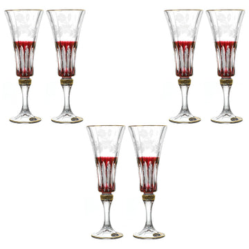 Bohemia Crystal - Flute Glass Set 6 Pieces - Red & Gold - 150ml - 270006822