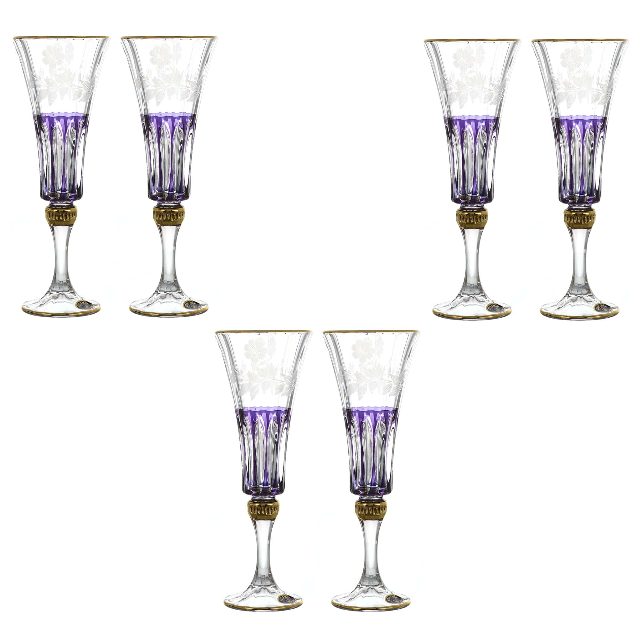 Bohemia Crystal - Flute Glass Set 6 Pieces - Purple & Gold - 150ml - 270006824